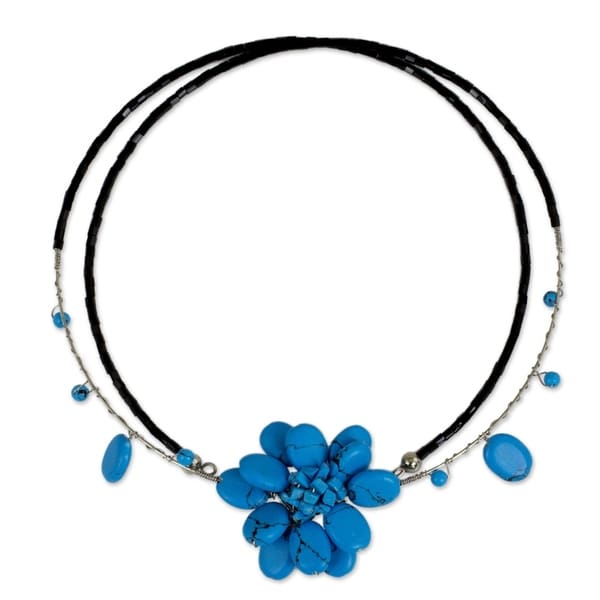 Delicate in Blue Turquoise Resin Stone Flower on Double Black Flexible Wire Womens Beaded Fashion Ch