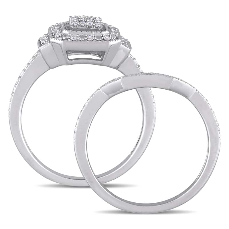 Miadora Sterling Silver 1/4ct TDW Diamond Cluster Square Halo Bridal Ring Set