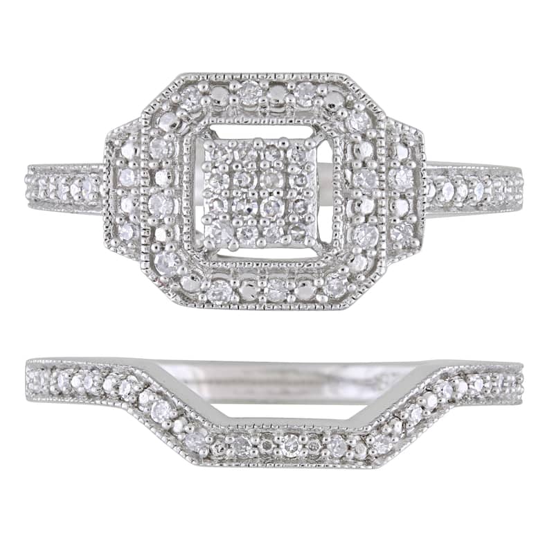 Miadora Sterling Silver 1/4ct TDW Diamond Cluster Square Halo Bridal Ring Set