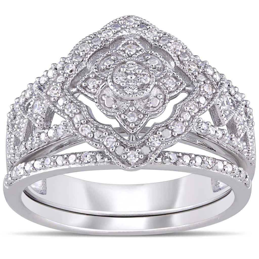 Miadora Sterling Silver 11/4ct TDW Diamond Double Floral Halo Bridal Ring Set