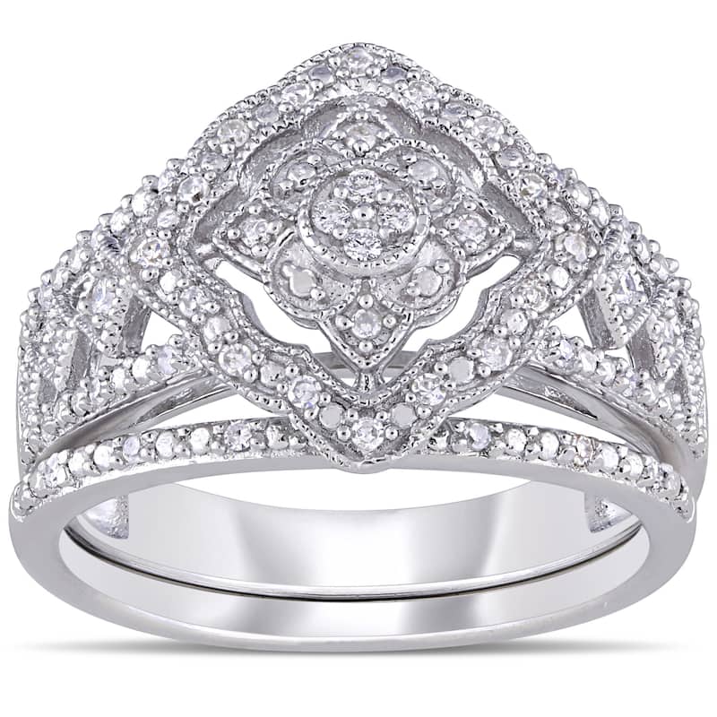 Miadora Sterling Silver 11/4ct TDW Diamond Double Floral Halo Bridal Ring Set