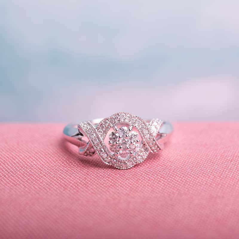 Miadora 10k White Gold 1/3ct TDW Diamond Floral Crossover Engagement Ring