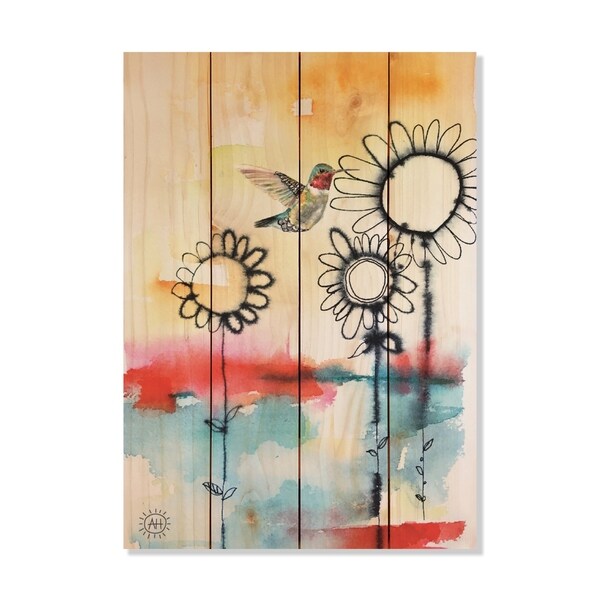 Fuzzy Flowers_Bird - 14x20 - Inside/Outside WoodWall Art - Multi-color