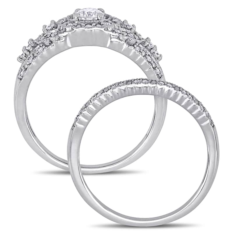 Miadora 10k White Gold 1/2ct TDW Diamond Floral Halo Bridal Ring Set