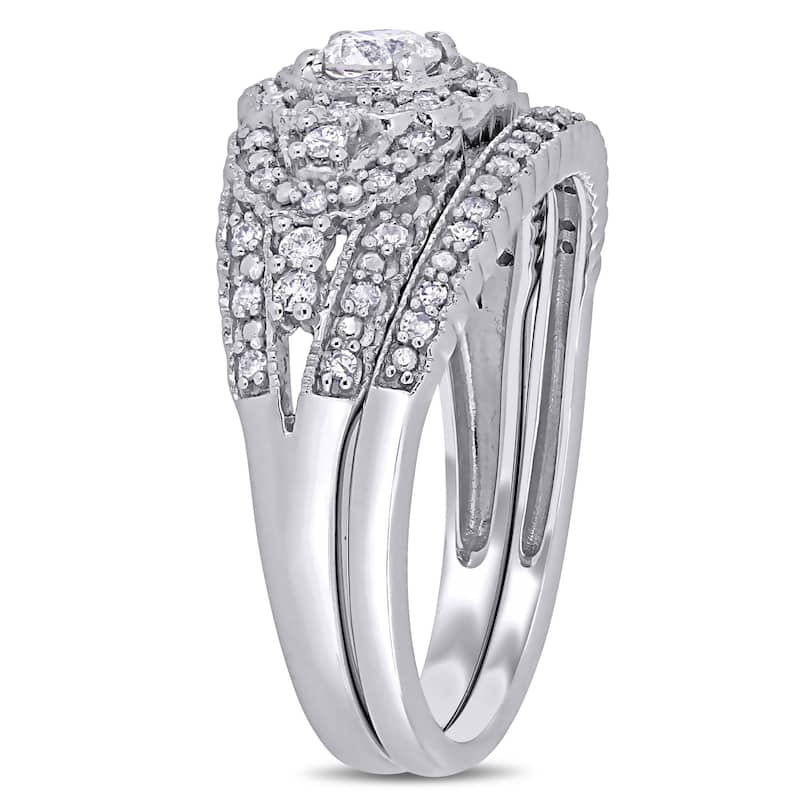 Miadora 10k White Gold 1/2ct TDW Diamond Floral Halo Bridal Ring Set