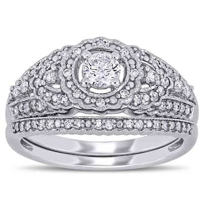 Miadora 10k White Gold 1/2ct TDW Diamond Floral Halo Bridal Ring Set