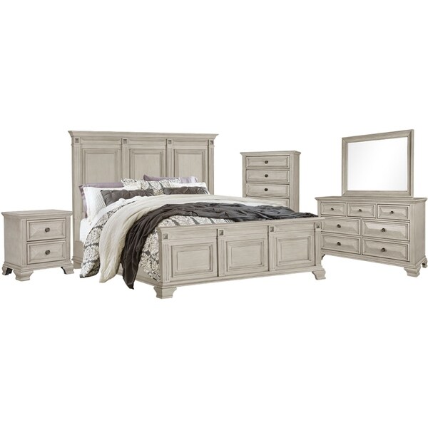 Cambridge Heritage 5-Piece Bedroom Suite: King bed, Dresser, Mirror, Chest, and Nightstand, Light Wash