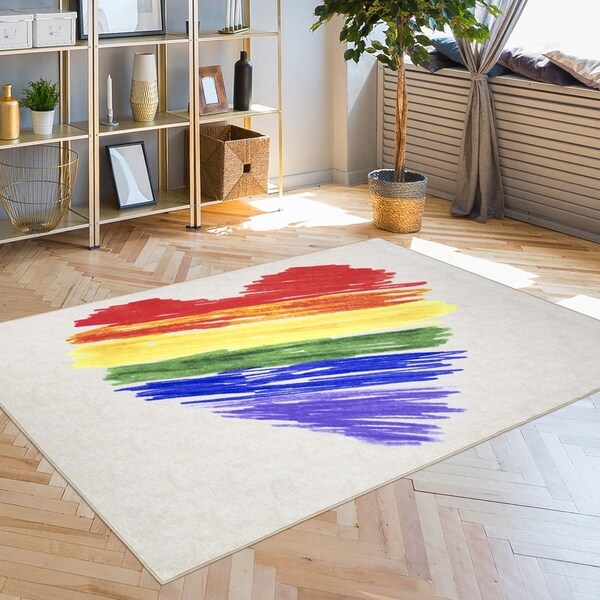 Pride Rainbow Colorful Brushstroke Heart LGBTQ Non-Slip Indoor Outdoor Area Rug Carpet - 5' x 7'
