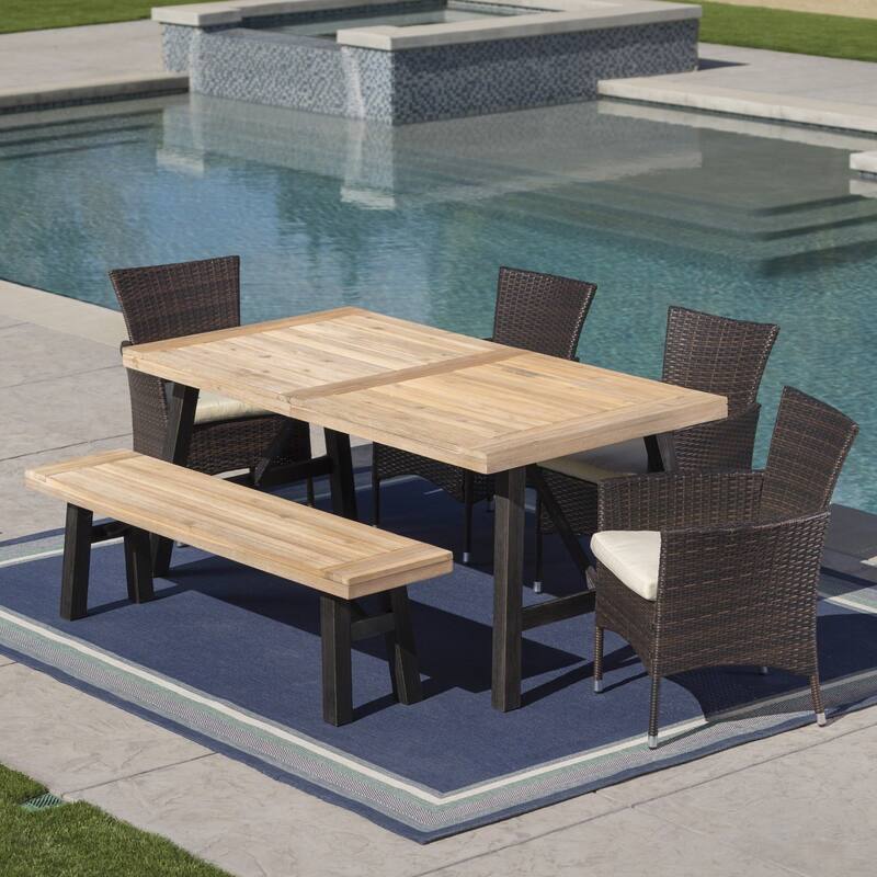 Jacks Outdoor 6-Piece Rectangle Wicker Wood Dining Set with Cushions by Christopher Knight Home