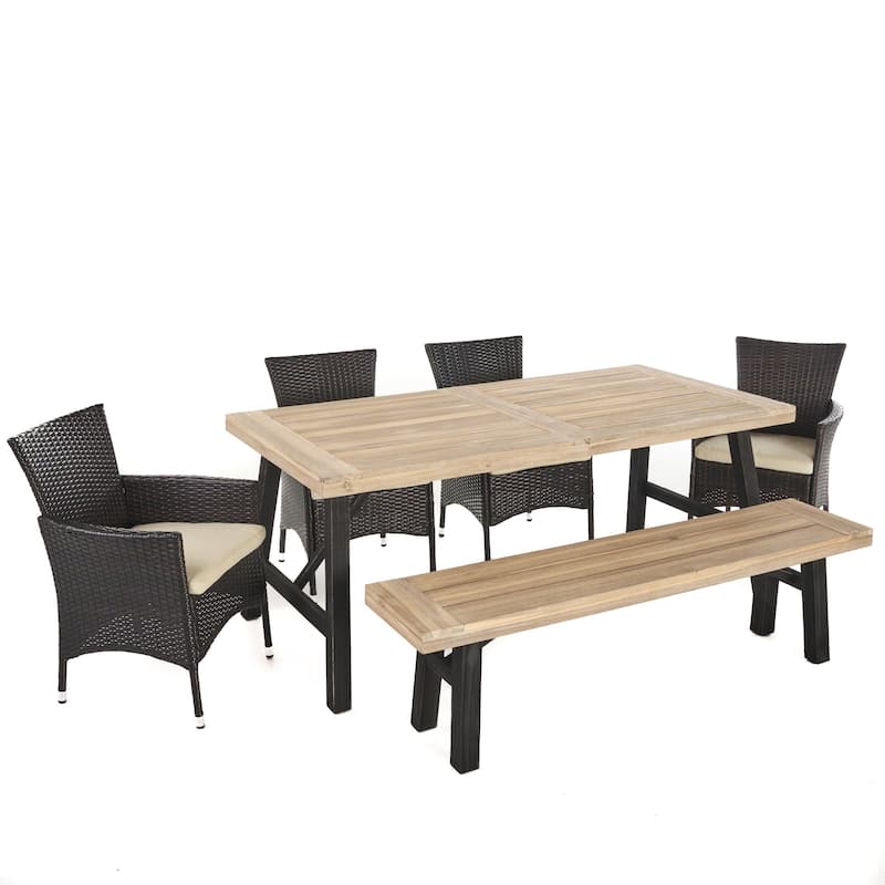 Jacks Outdoor 6-Piece Rectangle Wicker Wood Dining Set with Cushions by Christopher Knight Home - Natural Finish + Multibrown/Beige