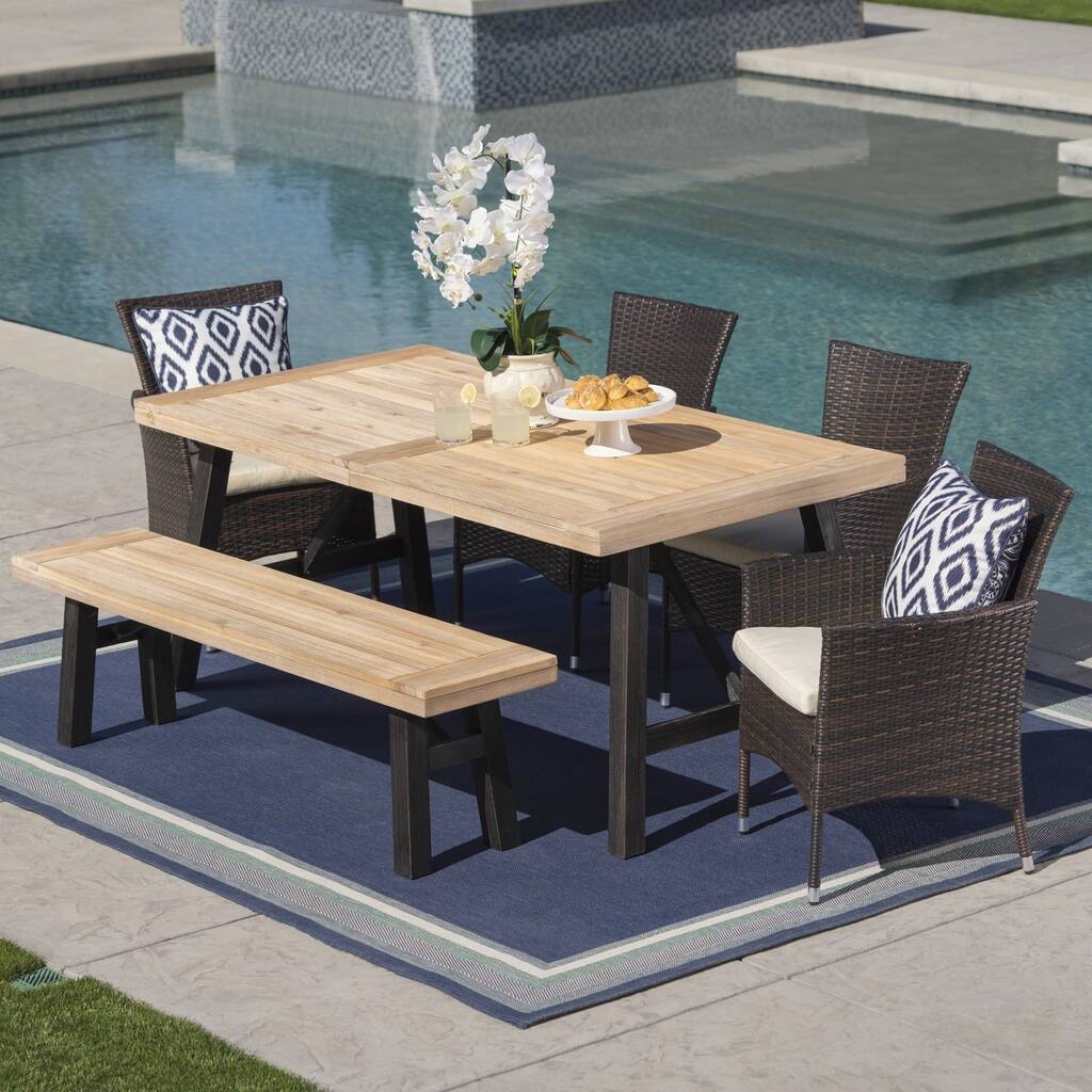 Jacks Outdoor 6-Piece Rectangle Wicker Wood Dining Set with Cushions by Christopher Knight Home
