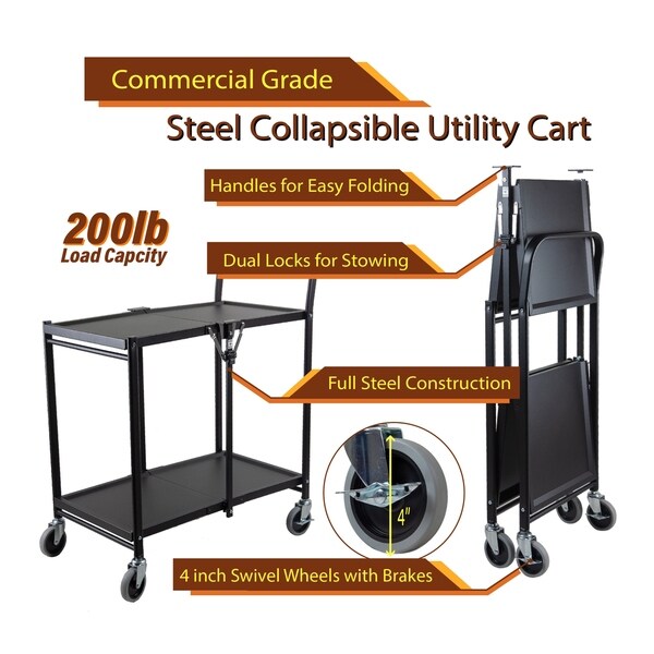 InStyleDesign-2 Tier Heavy Duty Metal Foldable Utility Cart