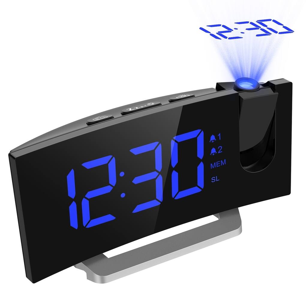 MPOW FM Projection Clock with 2 Alarms Multifunctional Curved Screen Clock 5-inch LED Display with Dimmer