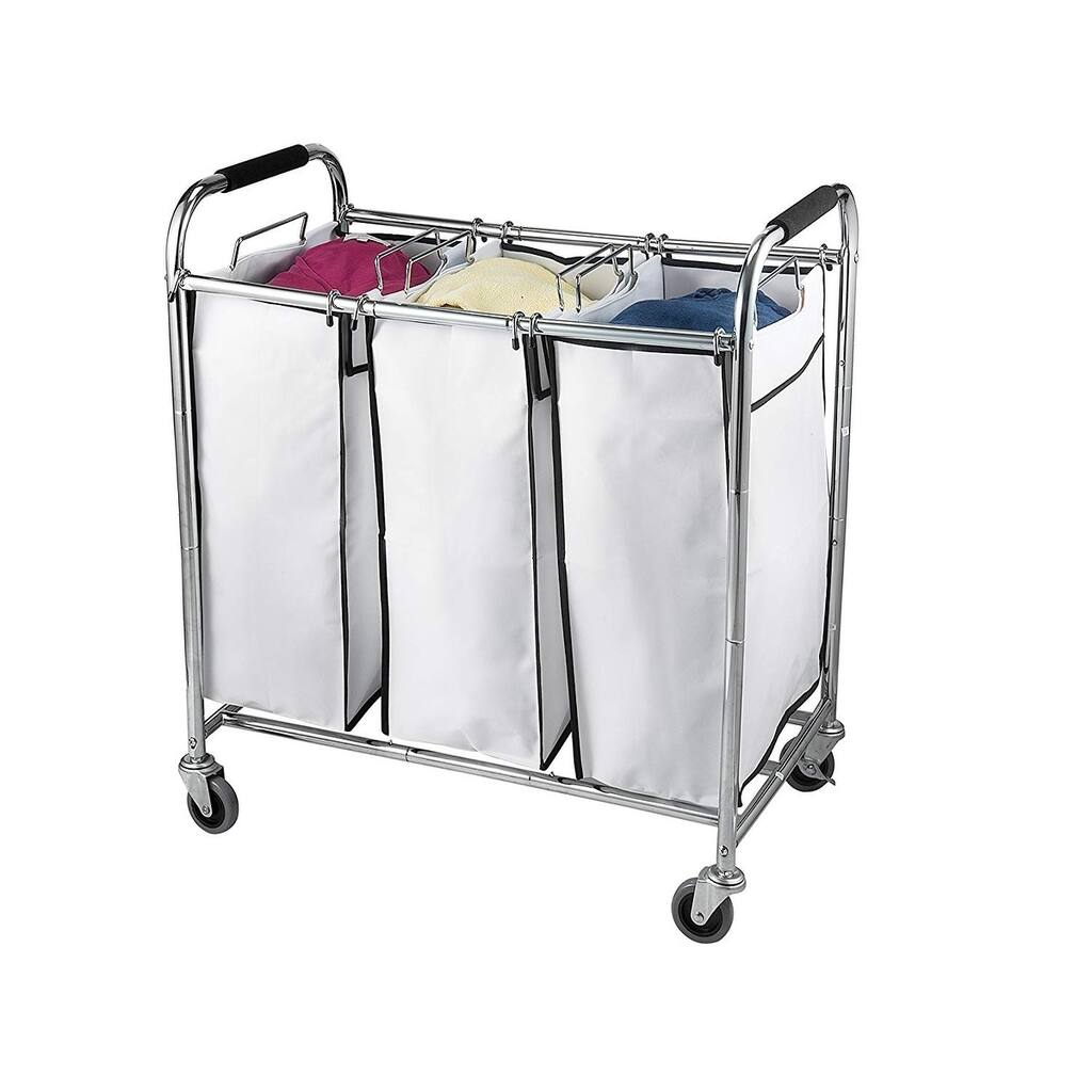 3 Section Laundry Sorter Hamper on Wheels, Rolling Cart, Heavy Duty