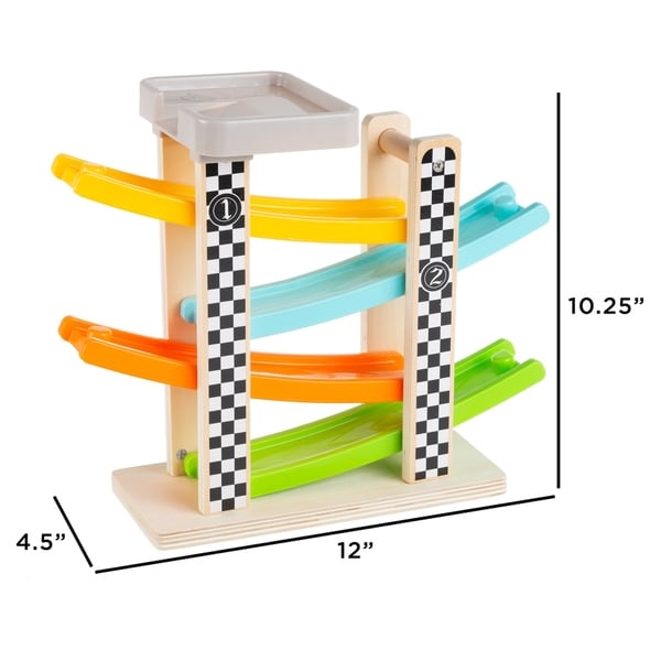 Toy Race Track and Racecar Set Wooden Car Racer with 4 Cars by Hey! Play!
