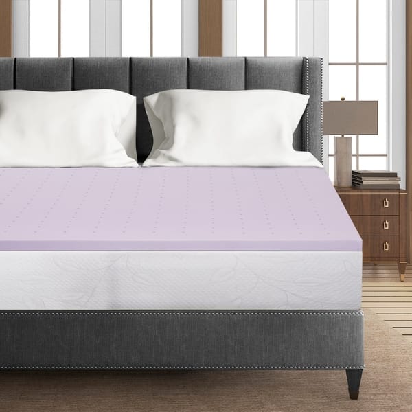 slide 1 of 8, 1.5 Inch Lavender Infused Memory Foam Bed Topper Cooling Mattress Pad - Crown Comfort