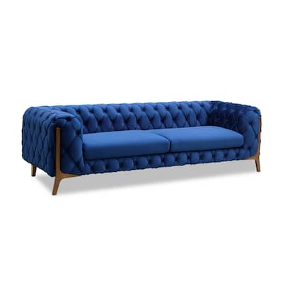 Conway Modern Tufted Sofa in Champagne finish with Dark Blue Velvet