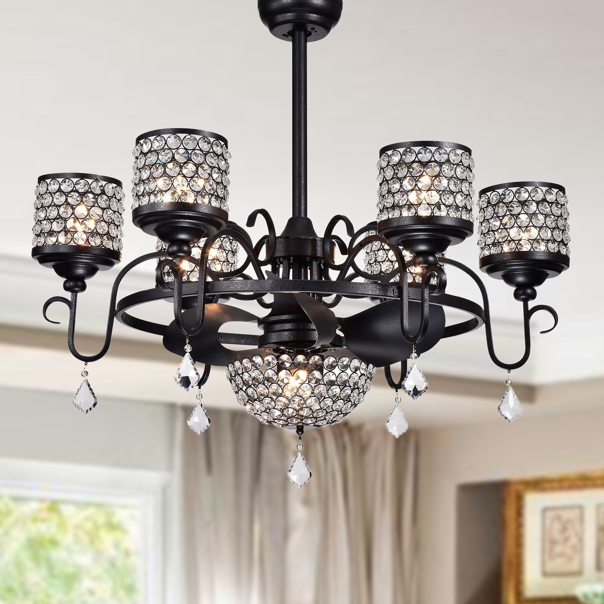 Warehouse of Tiffany Torbay 7-light 35-inch Forged Black Metal & Crystal Lighted Ceiling Fan (Remote Controlled)