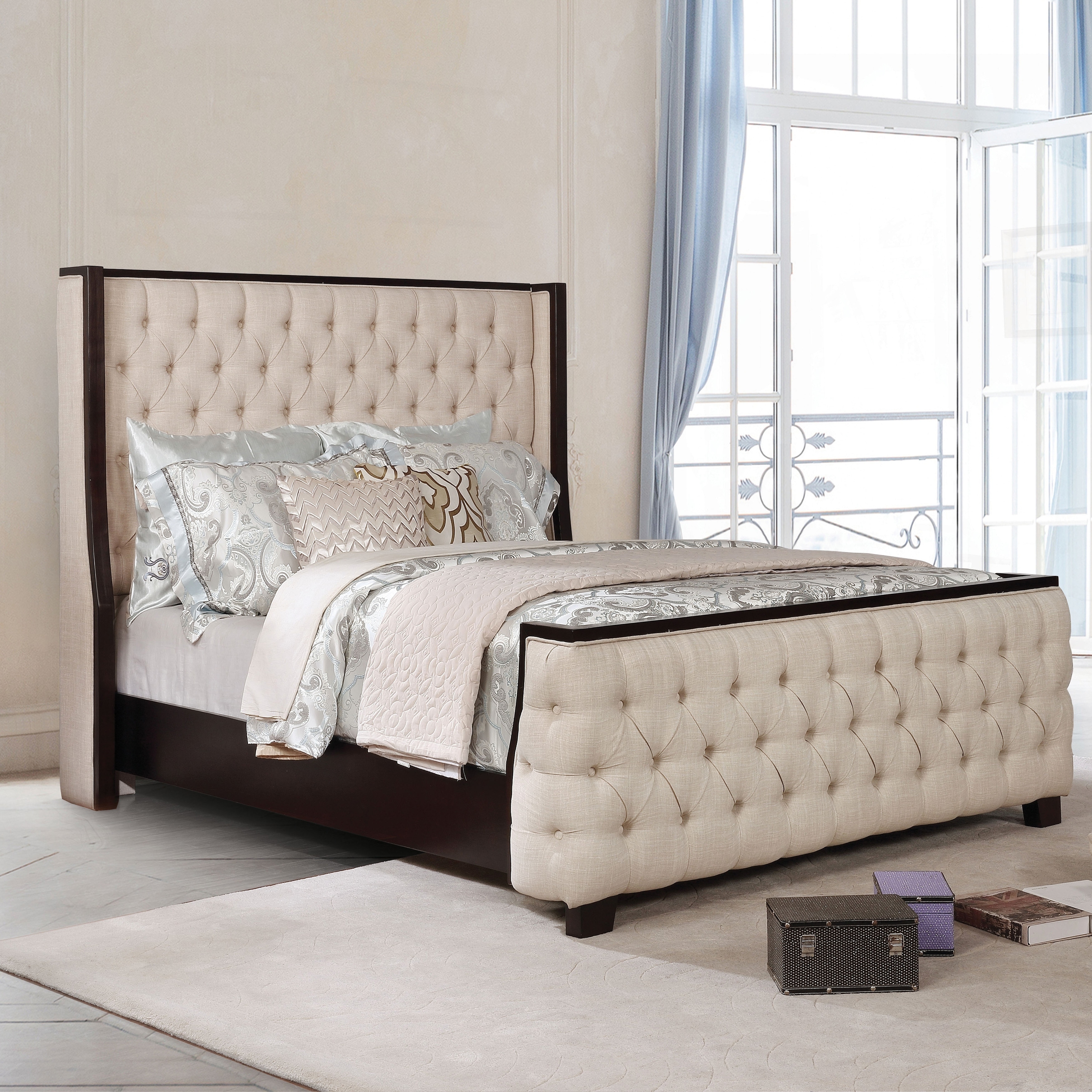 Parker Button Beige Tufted Wingback Panel Bed
