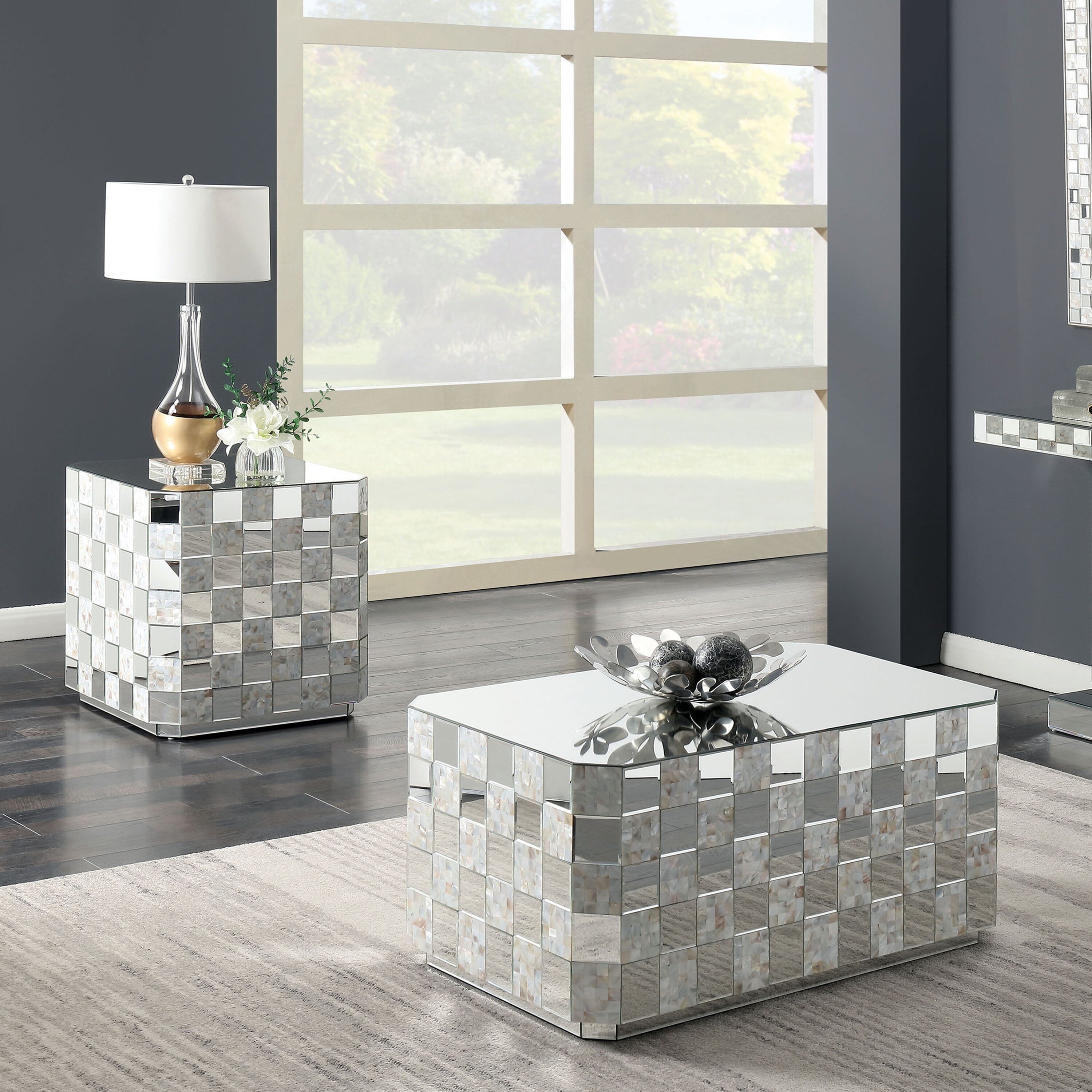 Silver Orchid Gruning 2 Piece Mirrored Coffee Table Set Silver Orchid Gruning 2 Piece Mirrored Coffee Table Set