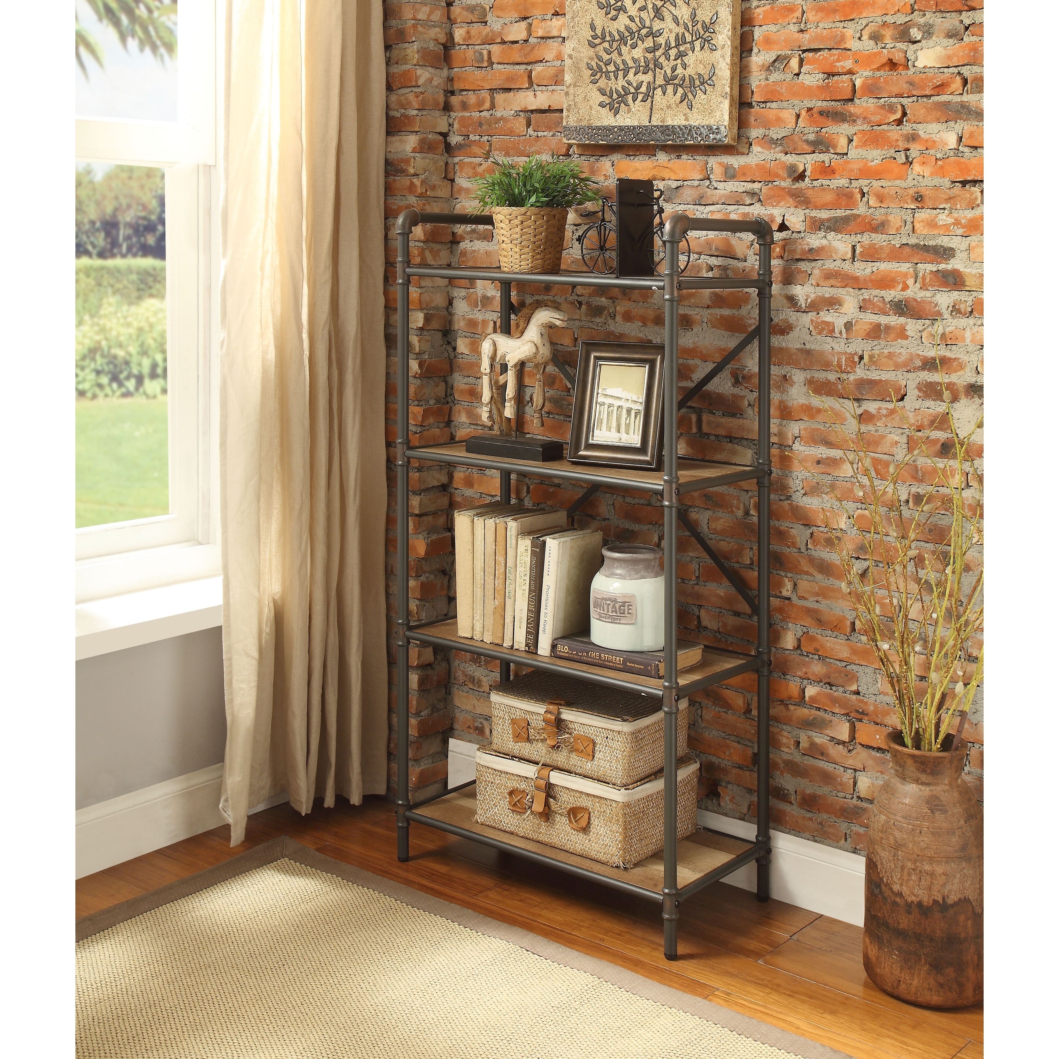Shop Three Tier Metal Bookshelf With Wooden Shelves Oak Brown