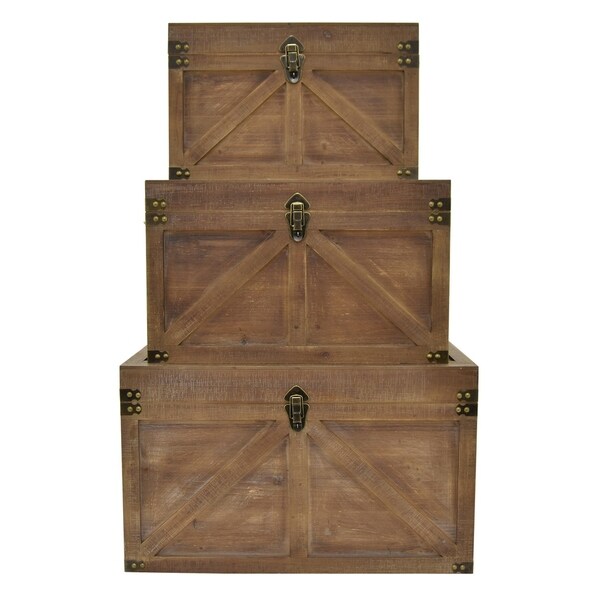16" Set Of Three Wood Trunks By Three Hands - l : 27x16x16 m : 23x13x14 s : 19x11x12