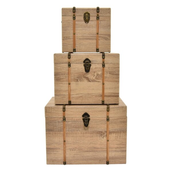 14.5" Set Of Three Wood Trunks By Three Hands - l 19.5x14x14.5 m 16x12x12 s 12x10x10.5