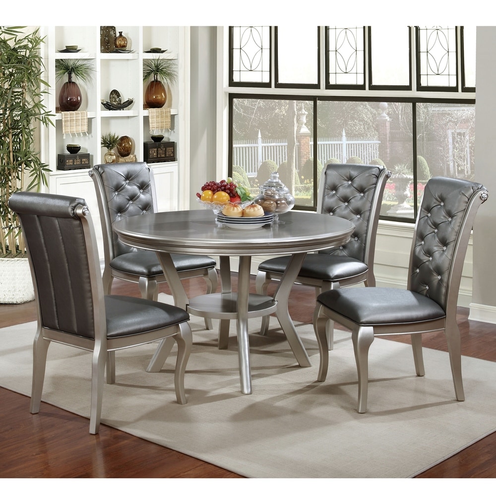GOLDFAN Round Dining Table and Chairs Set 4 Velvet Cushion Seat Kitchen Flannel Chairs High Gloss Dining Table Set Dark Grey 
