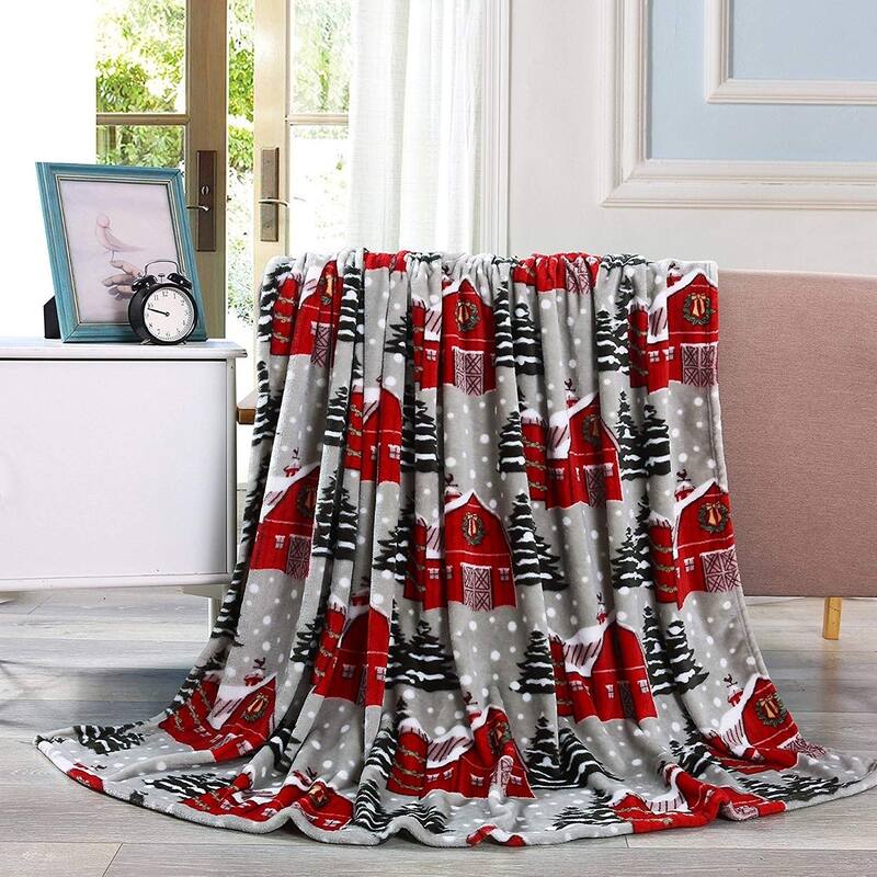Elegant Comfort Holiday Printed Fleece Throw/Blanket-50 x 60inch - Throw 50 x 60 - Snowy Barn