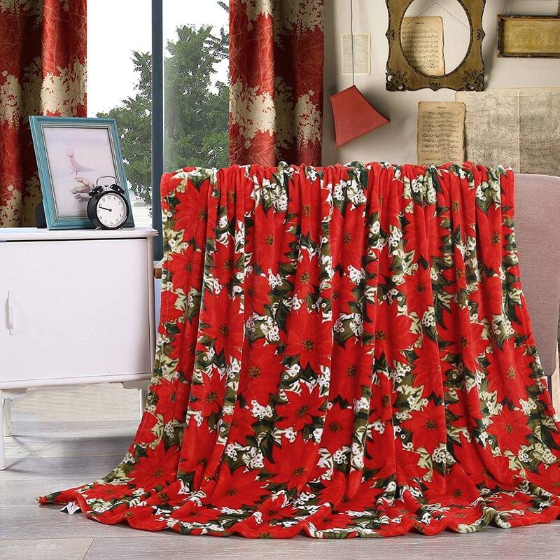 Elegant Comfort Holiday Printed Fleece Throw/Blanket-50 x 60inch - Throw 50 x 60 - Poinsettia