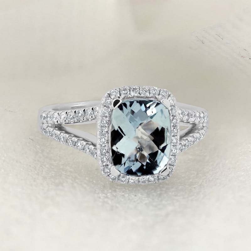 Auriya 1ct Cushion-cut Fancy Cushion-cut Aquamarine and 3/8ctw Halo Diamond Engagement Ring 14kt Gold