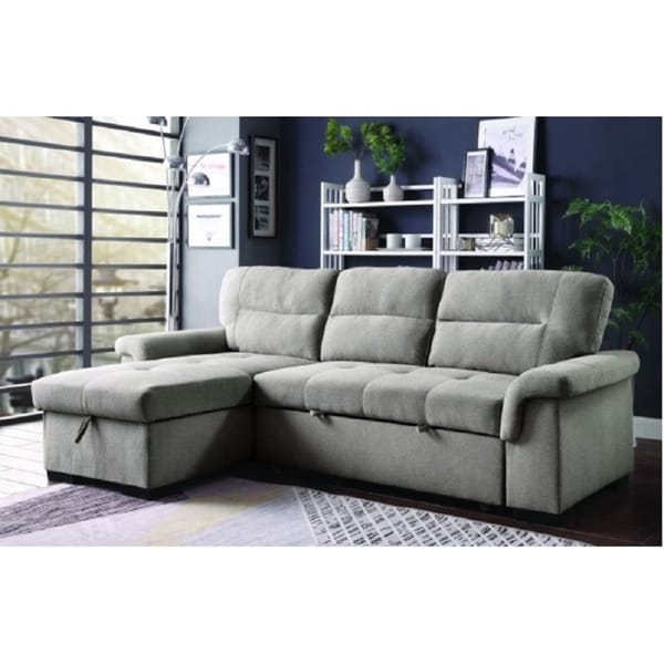 Tiraspol Light Grey Wood Linen Sectional Sofa With Pullout Bed Tiraspol Light Grey Wood Linen Sectional Sofa With Pullout Bed