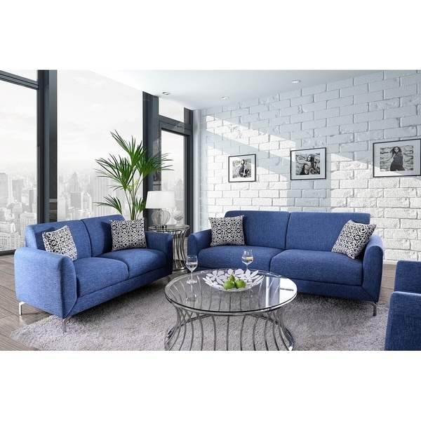 Lasi Contemporary Loveseat & Sofa in Blue Linen-Like Fabric & Pillows