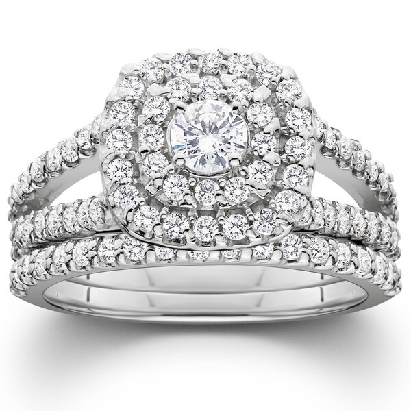 Pompeii3 Platinum 1 1/10 ct TDW Diamond Cushion Halo Engagement Wedding Ring Set. Opens flyout.