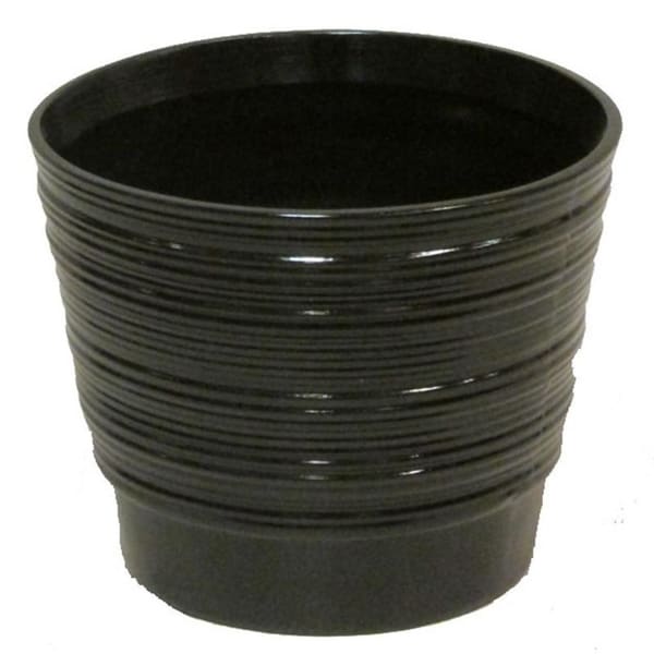 Glazed black contemporary round pot with horizontal line indents