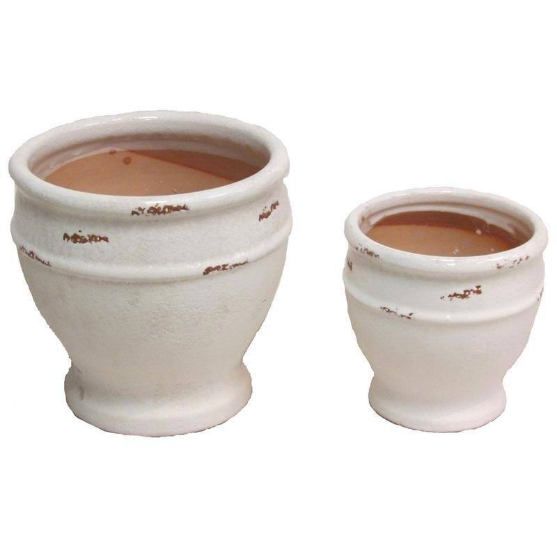 Set of 2 White ceramic 4" & 6" pots w/ glazed rim