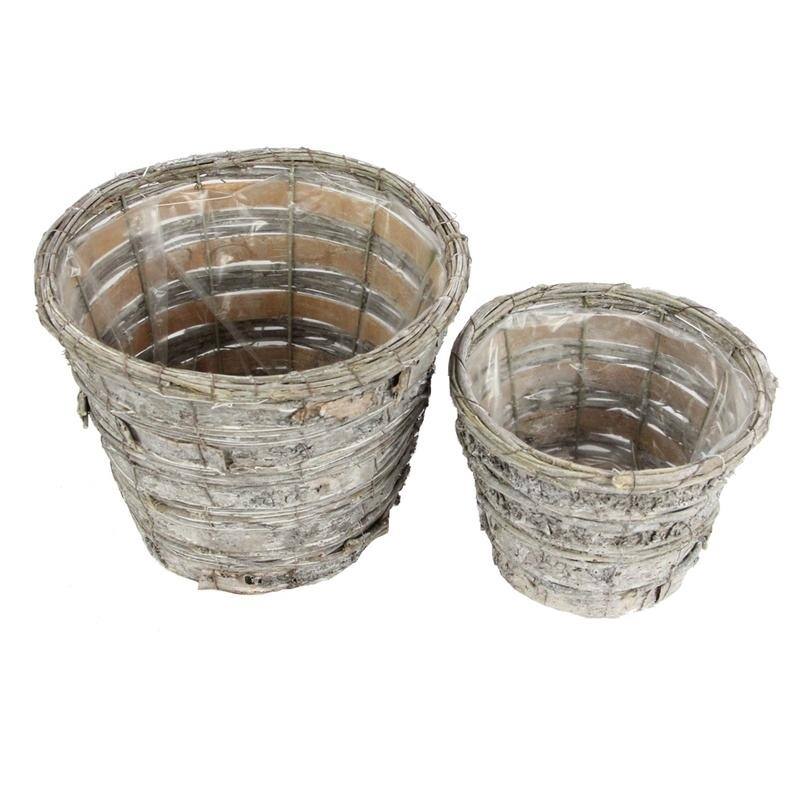 Set of 2 Grey Rustic Birch Tree Bark 6" Pot w/ Soft Liner