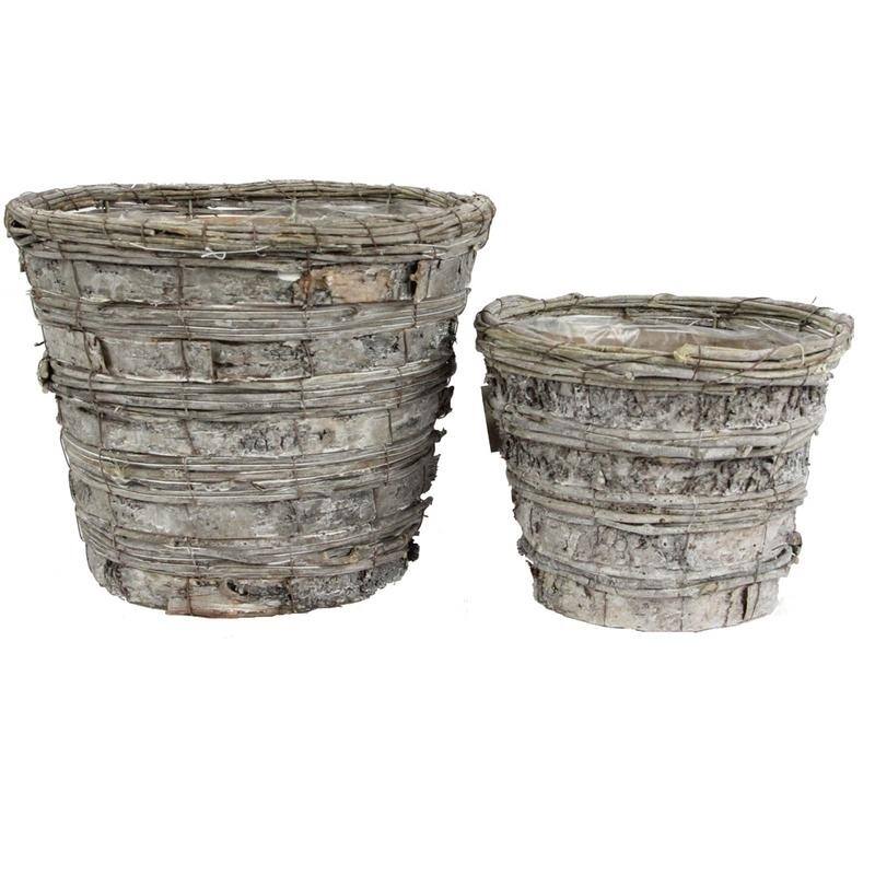 Set of 2 Grey Rustic Birch Tree Bark 6" Pot w/ Soft Liner