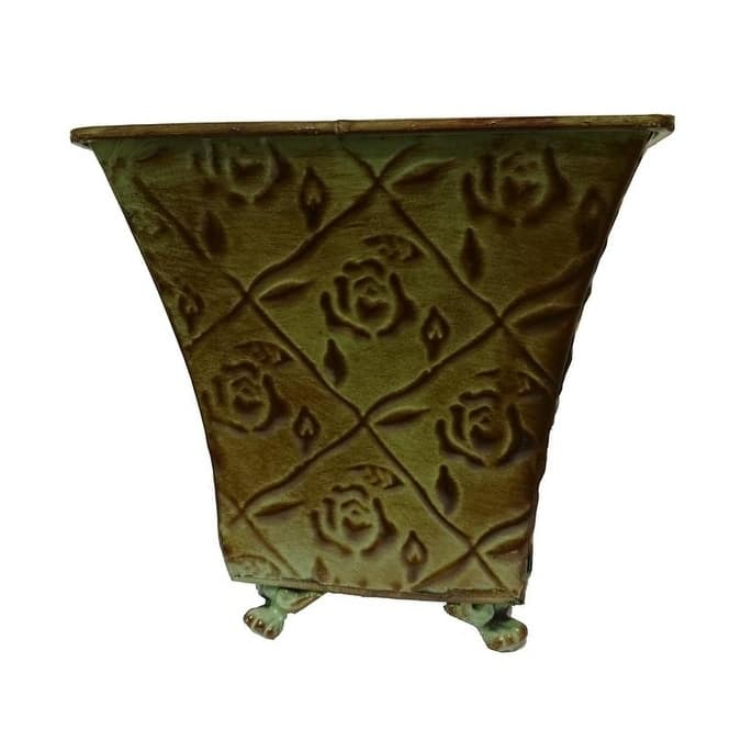 7" floral design tin pot planter w/ hard liner - Green