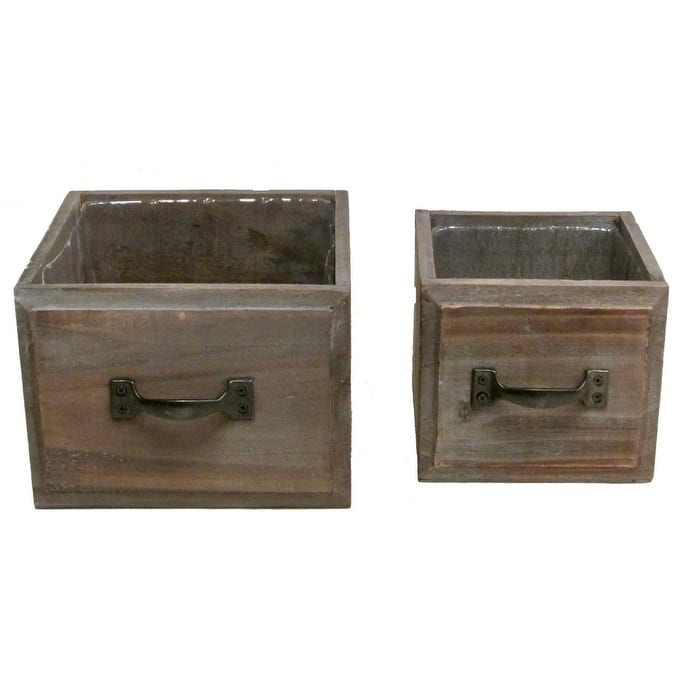 Set of 2 Stained wood medium and small drawer style pots w/ hard liner