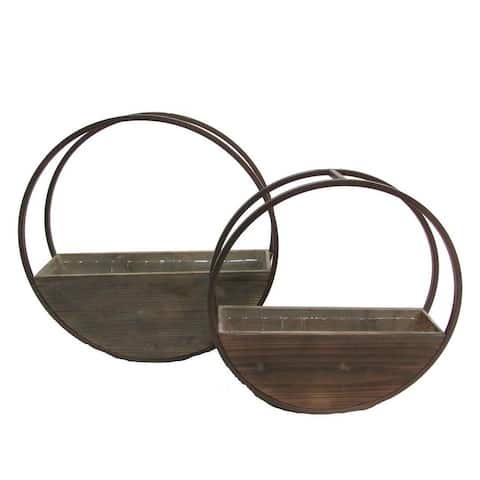 Set of 2 Round wood and metal framing wall hanging planters
