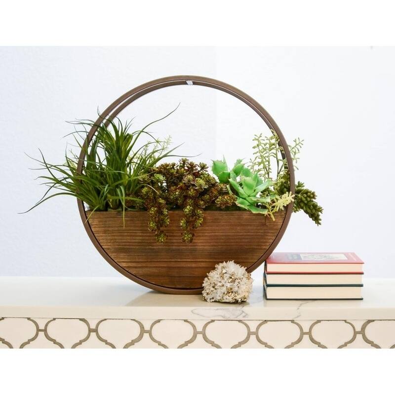 Set of 2 Round wood and metal framing wall hanging planters