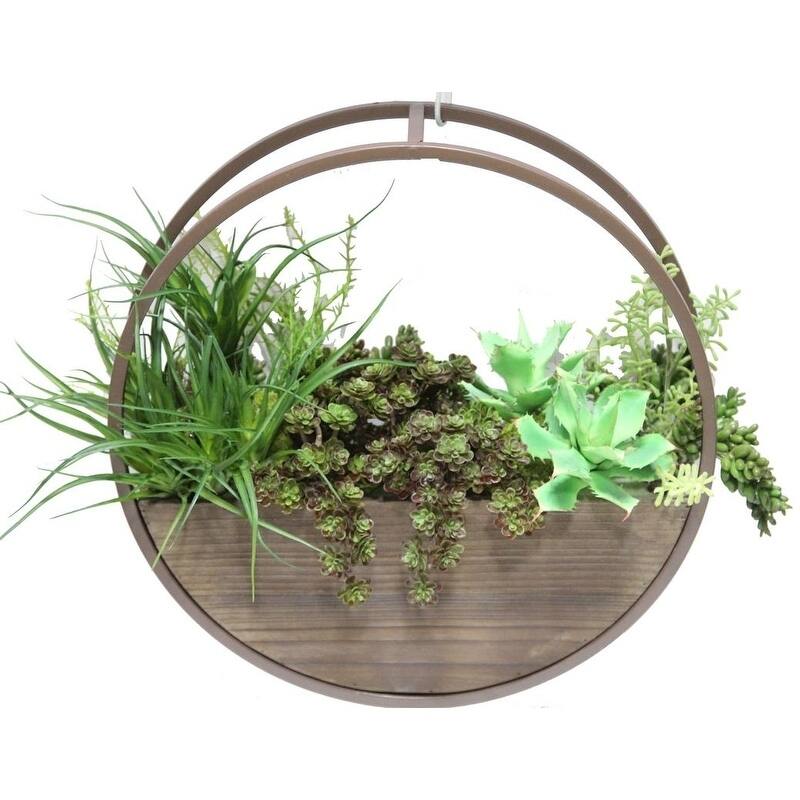 Set of 2 Round wood and metal framing wall hanging planters