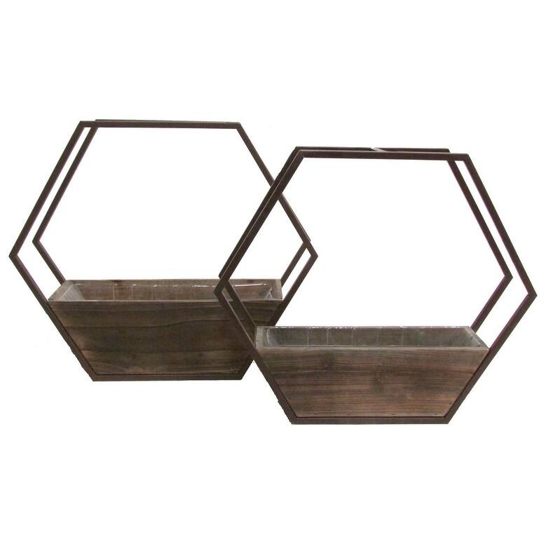 Set of 2 Hexagon wood and metal framing wall hanging planters