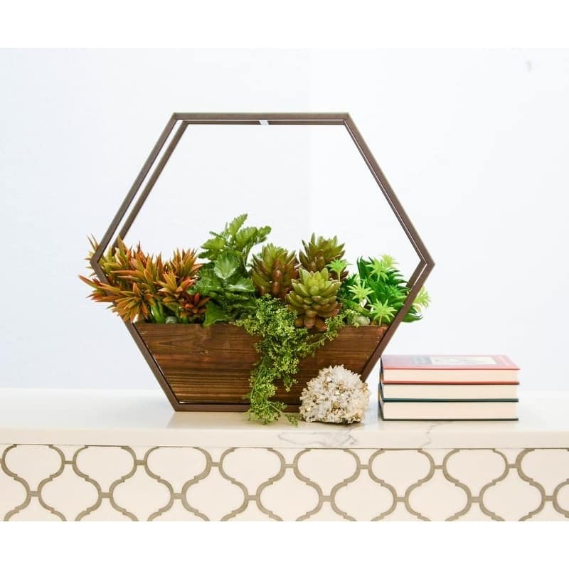 Set Of 2 Hexagon Wood And Metal Framing Wall Hanging Planters - On Sale 