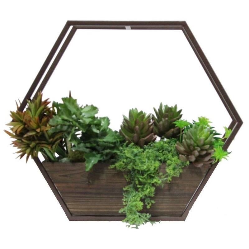 Set of 2 Hexagon wood and metal framing wall hanging planters