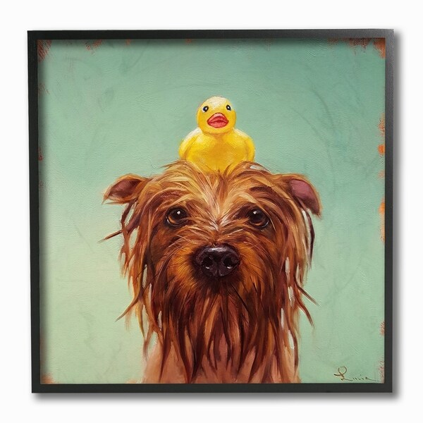 Stupell Wet Dog with a Rubber Ducky Turquoise Bath Framed Wall Art