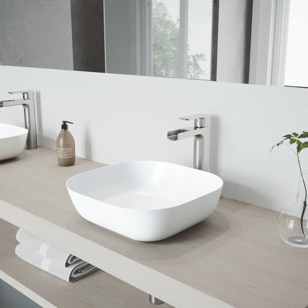 VIGO Camellia 14"L x 14"W MatteStone Vessel Sink and Amada 10"H Faucet Set