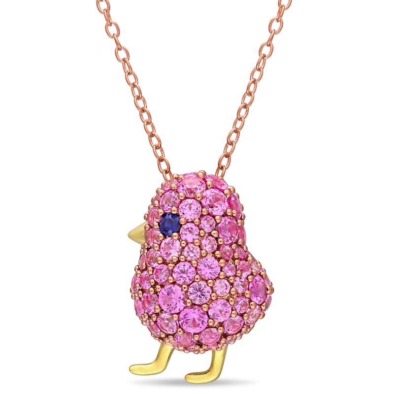 Miadora 2-Tone Rose and Yellow Plated Sterling Silver Created Pink and Blue Sapphire Bird Necklace