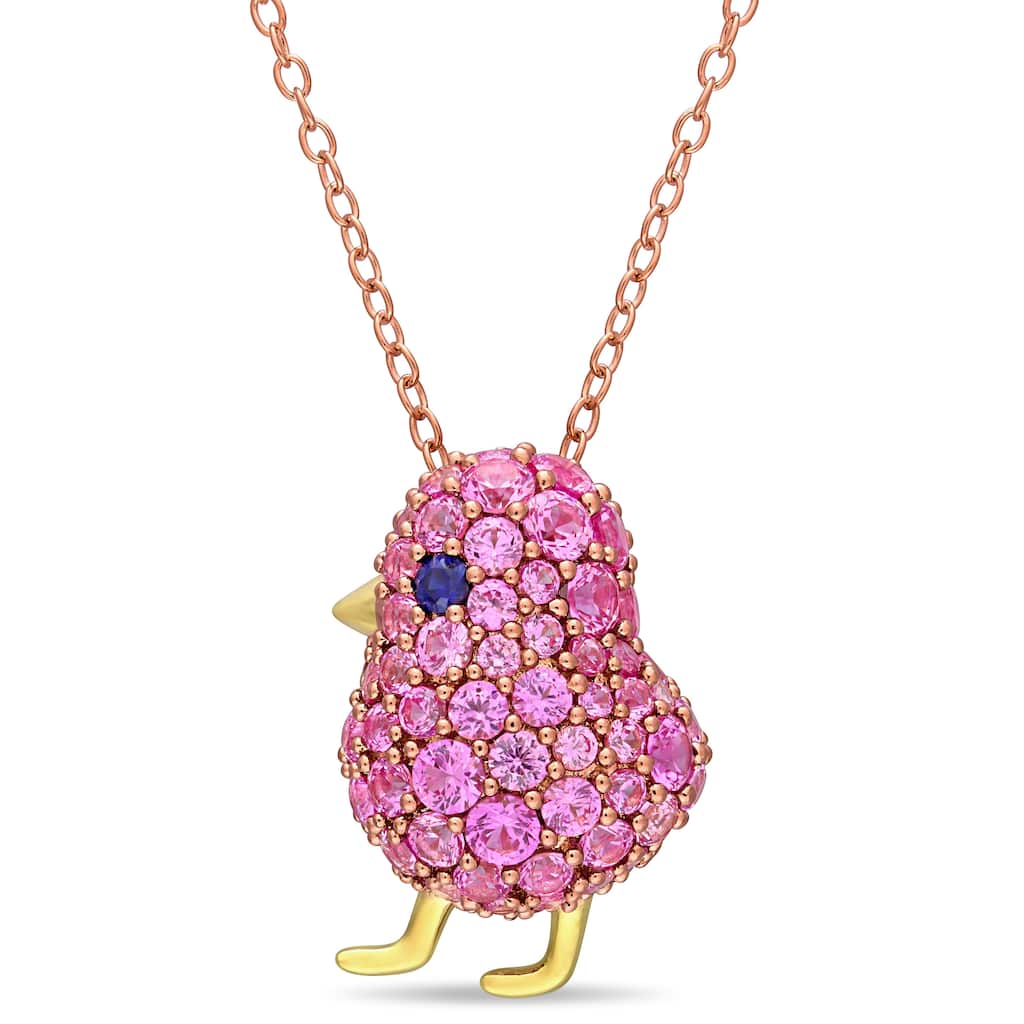 Miadora 2-Tone Rose and Yellow Plated Sterling Silver Created Pink and Blue Sapphire Bird Necklace